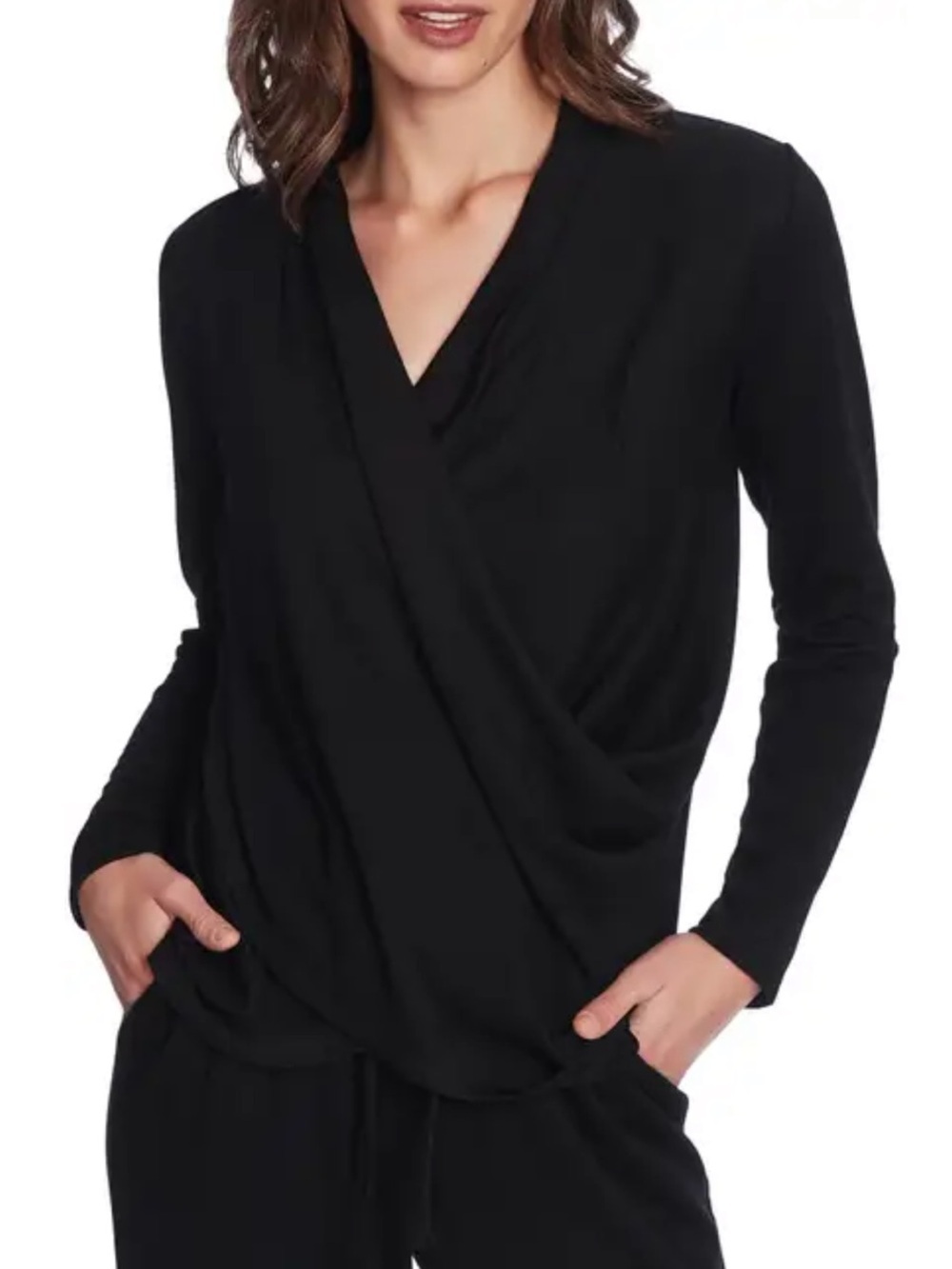1. State - Cross front Cozy knit top, draped front sweater.  Size XXL. Black